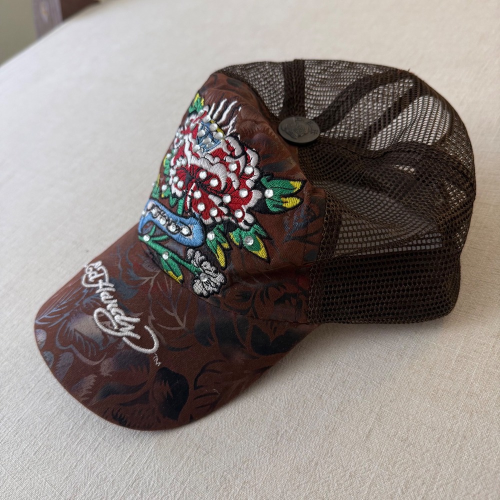 Ed Hardy Brown Floral Rhinestone Rose Tattoo Trucker Hat Mesh Snapback Cap Y2K - Picture 6 of 7